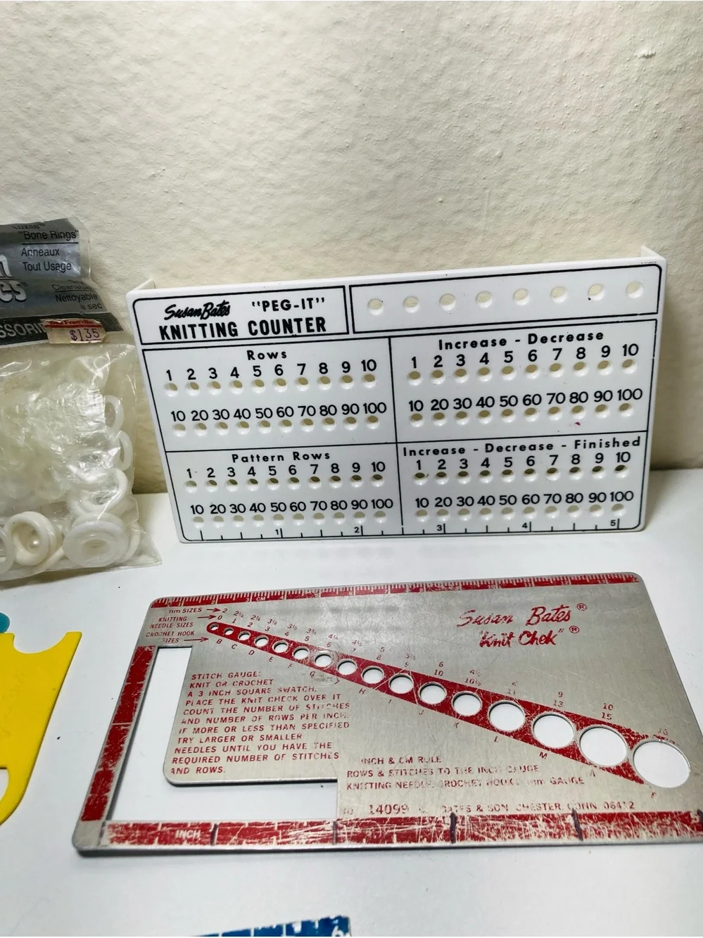Vintage Knitting Notions: Stitch Holders, 3 knit check sizers, Pom Pom maker